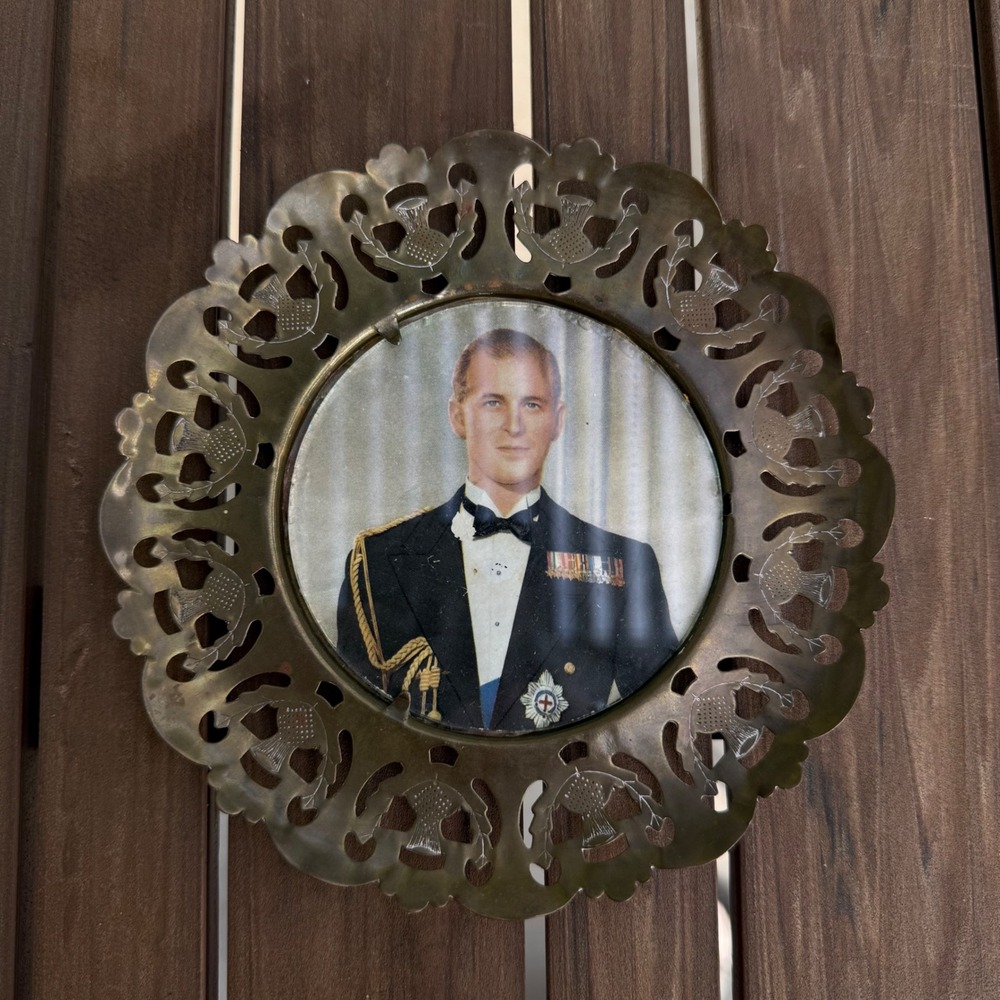 Vintage Prince Philip Duke of Edinburgh Royal Portrait Brass Thistle Plate 6.5"